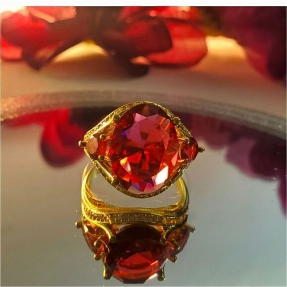 Oval Cut Ruby & White Topaz  Cocktail  Ring 14K Gold on 925 Band - Picture 1 of 9